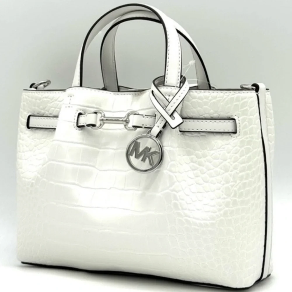 Michael Kors Carson Small Crocodile Embossed Satchel Bag Optic White